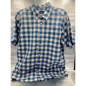 Patagonia Men’s Shirt LG~Button Down ~ Blue/White/Red Plaid~SS ~ Organic Cotton